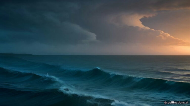 Surreal stormy ocean with dark waves and golden light piercing storm clouds
