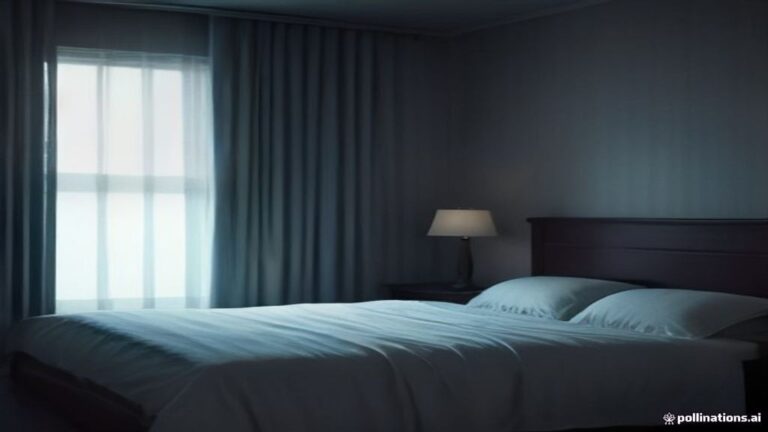 A quiet, dimly lit bedroom at twilight with soft shadows and blue ambient light.