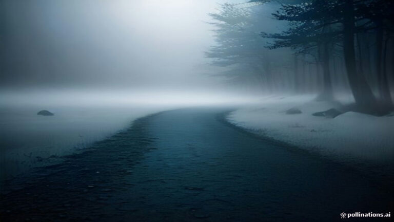 A foggy desolate path at dusk with faint light illuminating immobile footprints in the mist.