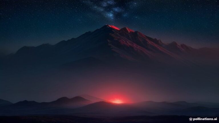 A surreal dreamscape featuring a glowing volcanic mountain peak illuminated by crimson light under a night sky.