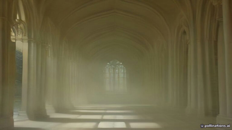 A sunlit cathedral aisle filled with soft light and mist, showing an empty solitary pathway.
