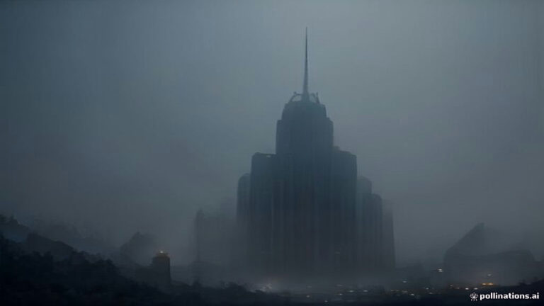 Two tall stone skyscrapers connected by an invisible glowing path high in a misty twilight sky