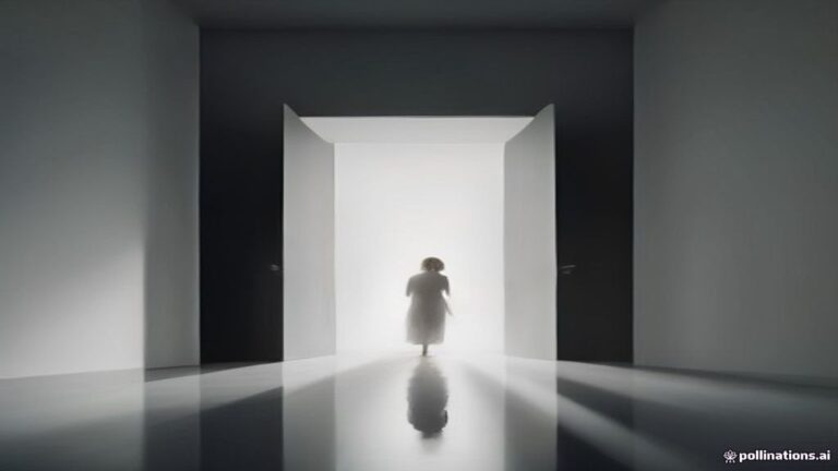 A figure standing before a massive glowing portal of pure white light in a quiet space