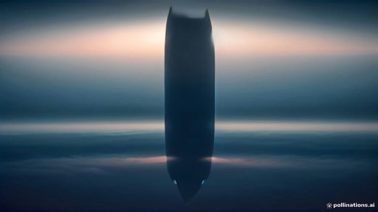A distant silhouetted aircraft descending toward a misty horizon beneath a quiet twilight sky.