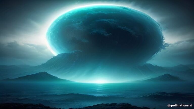 A vast ocean vortex swirling dramatically under a dark twilight sky into glowing deep water