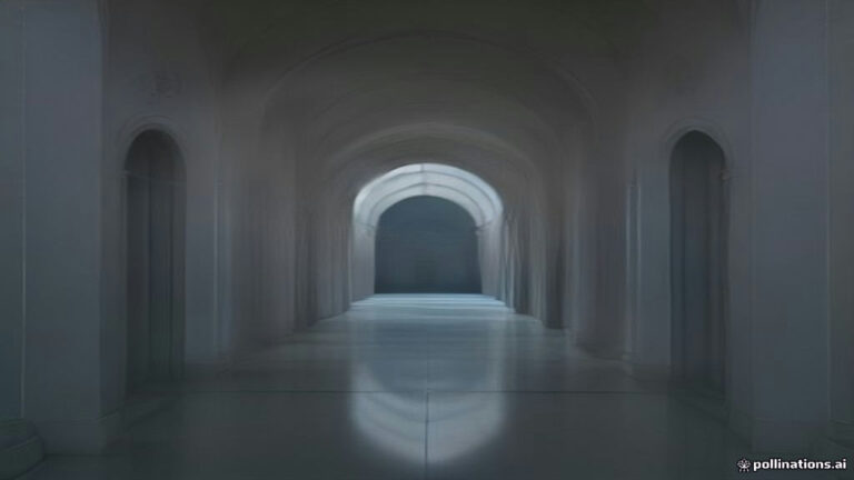 A surreal endless corridor with reflective floors and misty glowing doorways illuminated in soft indigo light.