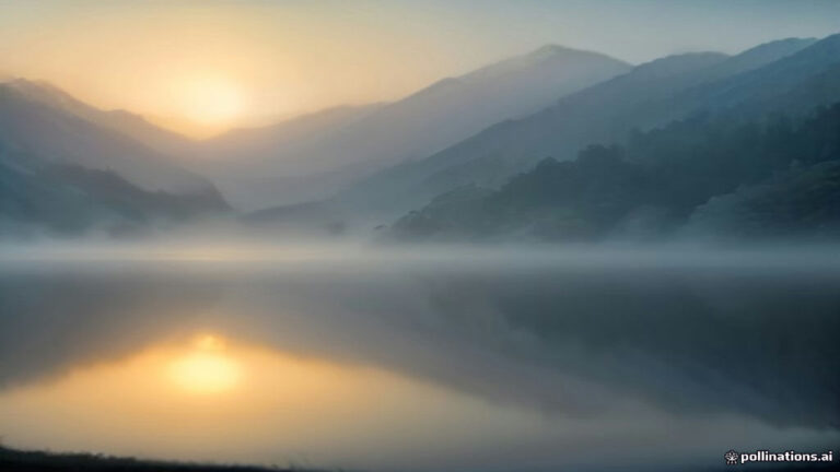An empty wooden bench overlooking a misty lake at dawn with soft blue and golden light.